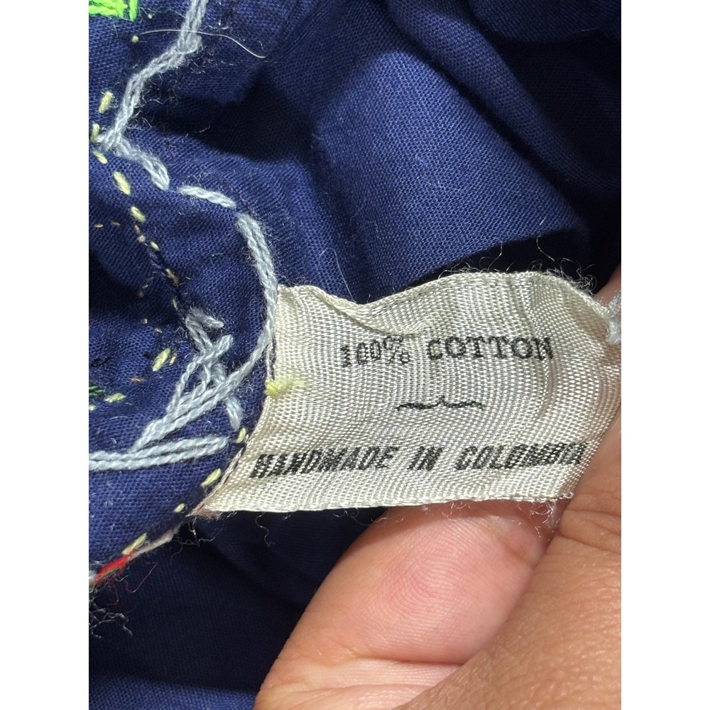 Handmade Colombia Navy Cotton Folk Art Embroidered Applique Maxi Dress Large - Picture 6 of 8